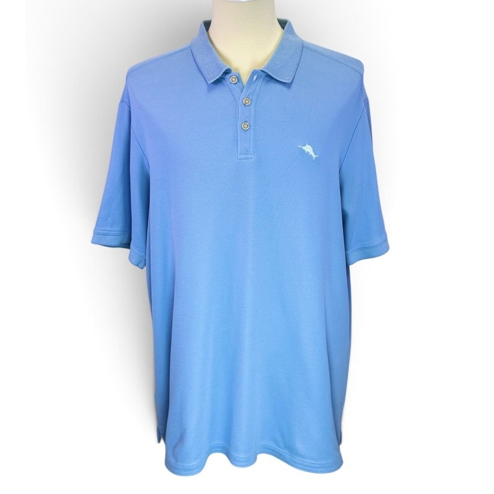 Tommy Bahama Blue Solid Knit Polo Marlin Logo Button Short Sleeve Mens Size XXL